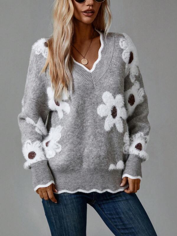 Thea | Pull Floral Élégant à Col V