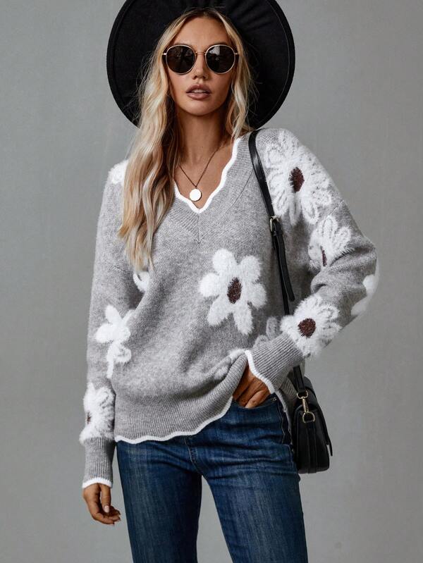 Thea | Pull Floral Élégant à Col V