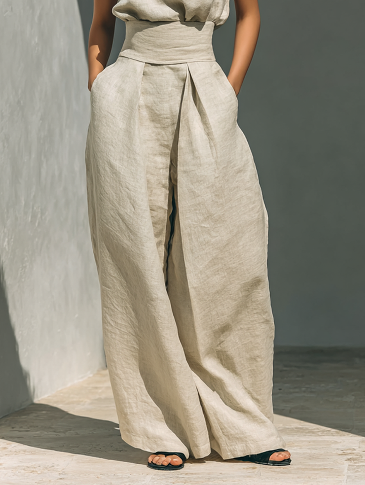 Maria | Ensemble débardeur minimaliste en coton et lin pour femmes et pantalon à jambes larges