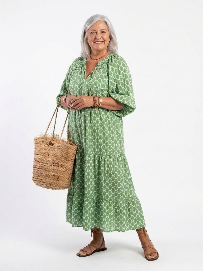 Apolline | Robe midi à manches trois quarts et décolleté en V à motif