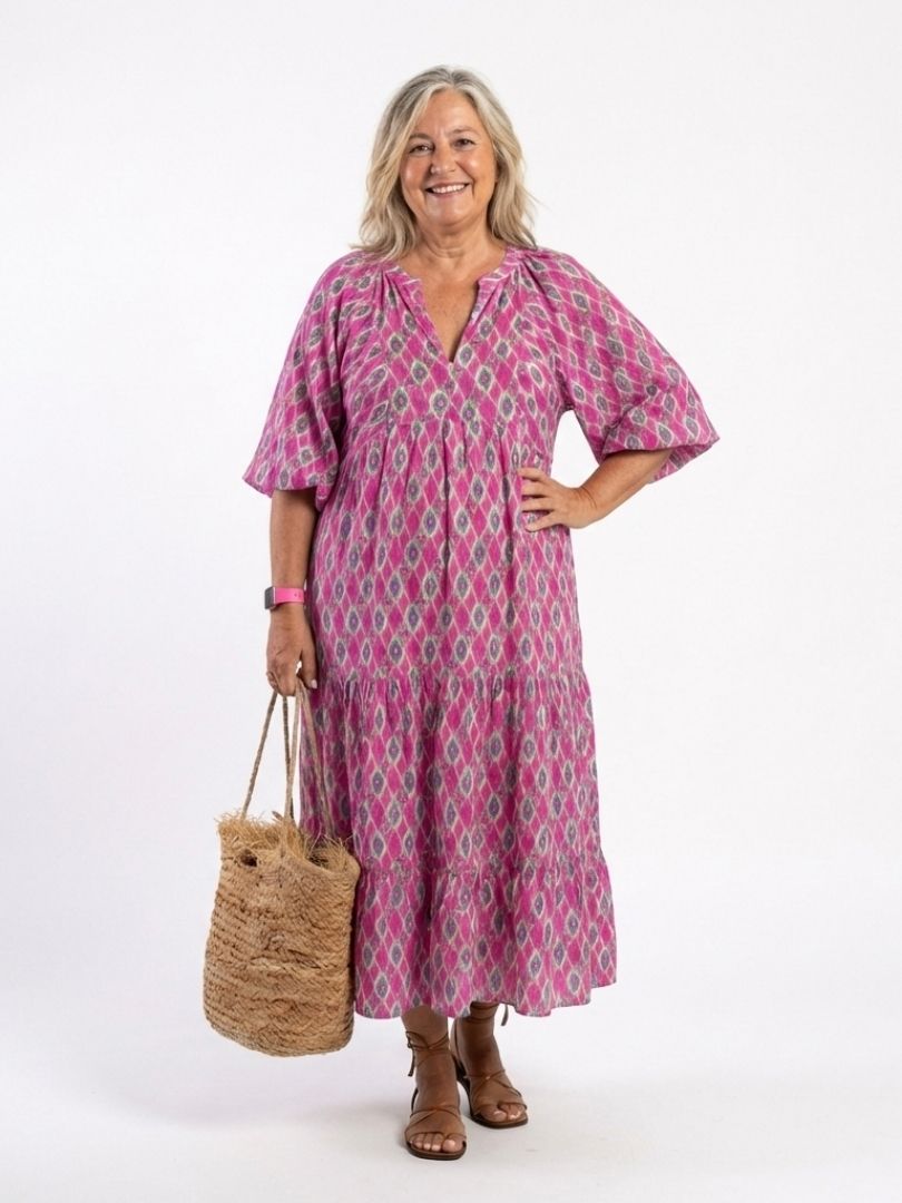 Apolline | Robe midi à manches trois quarts et décolleté en V à motif