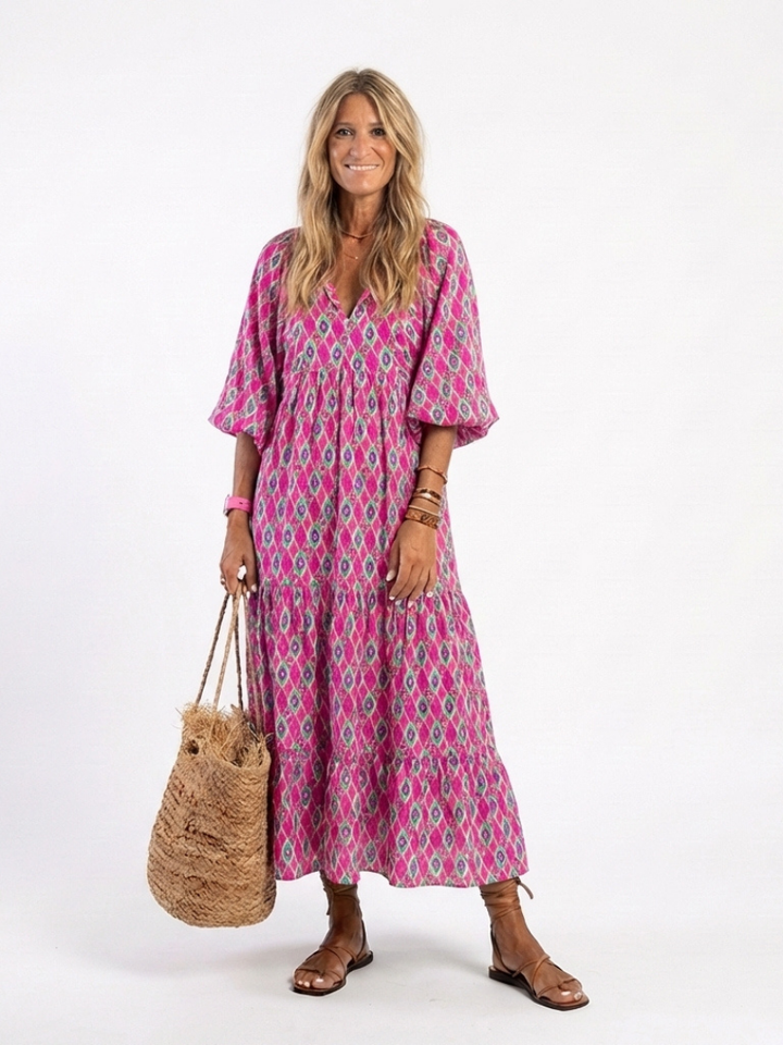 Apolline | Robe midi à manches trois quarts et décolleté en V à motif