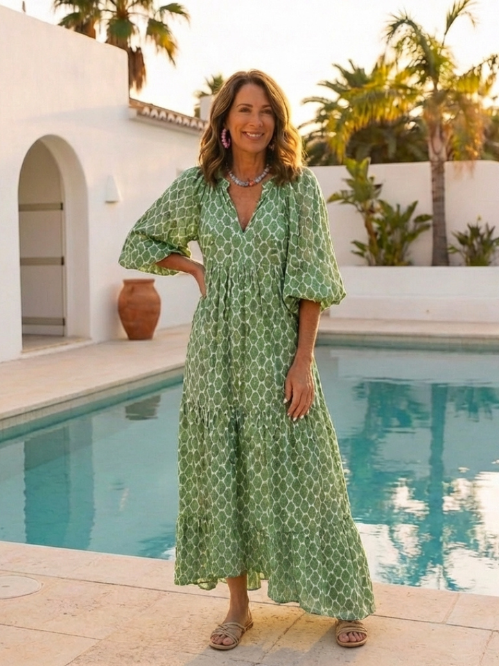 Apolline | Robe midi à manches trois quarts et décolleté en V à motif