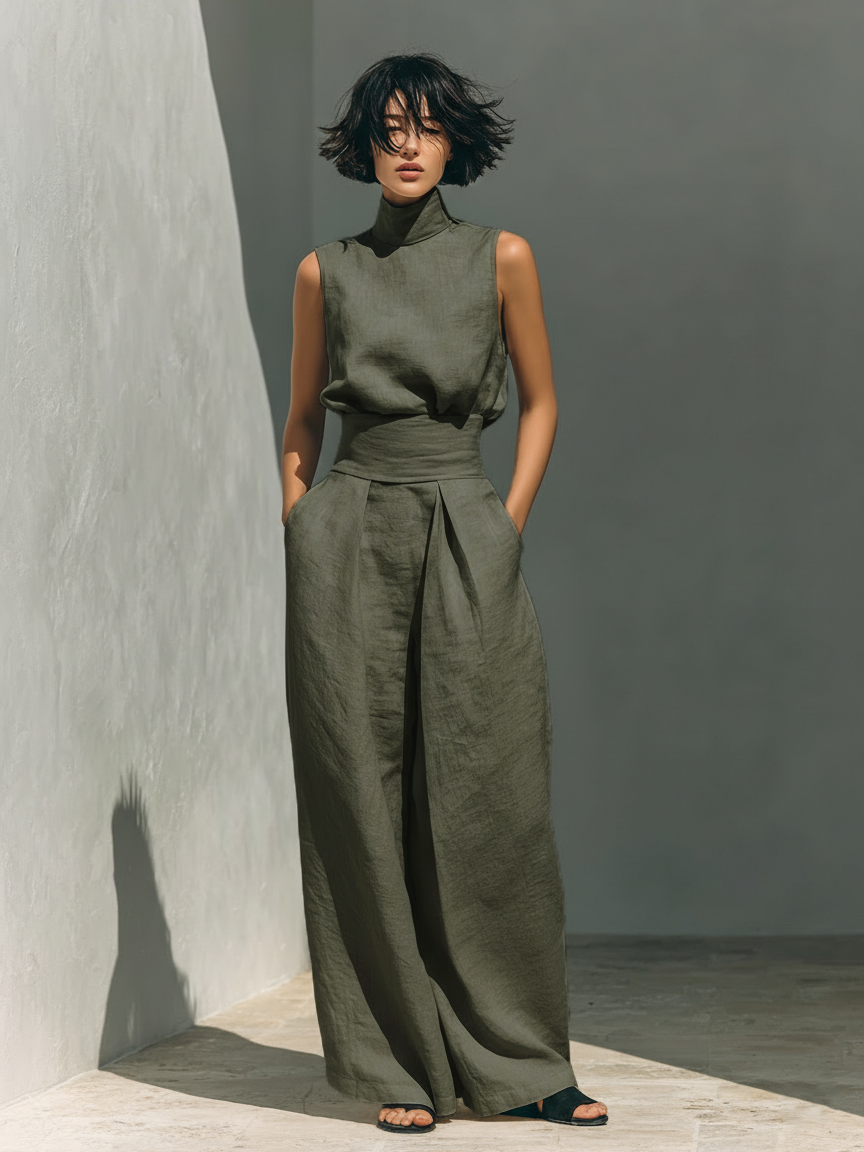 Maria | Ensemble débardeur minimaliste en coton et lin pour femmes et pantalon à jambes larges
